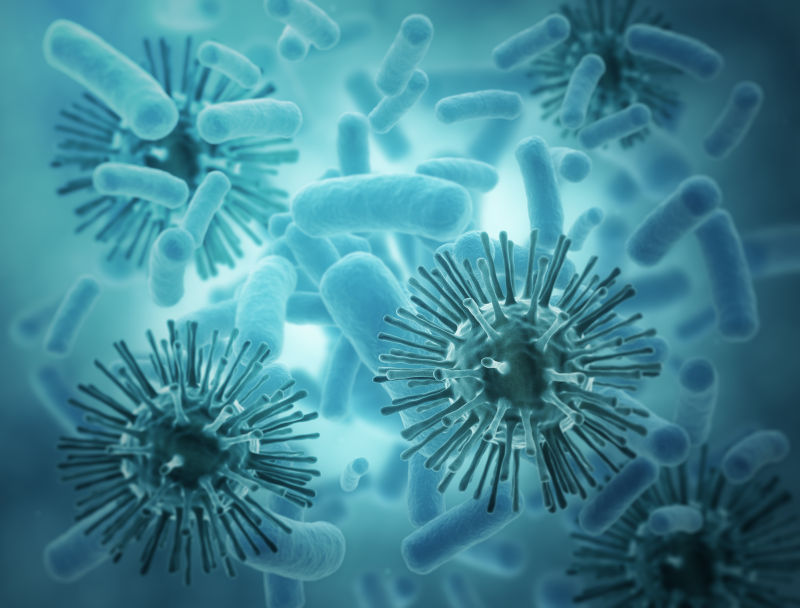 蓝色背景上的病毒与细菌