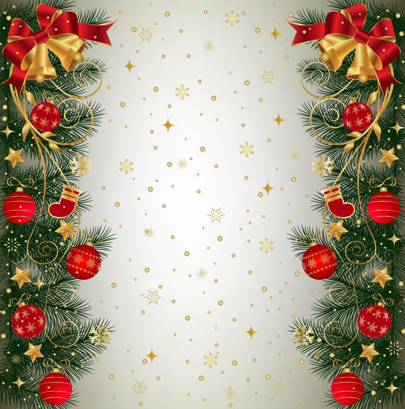杉木树枝边缘有铃铛缎带和圣诞装饰品矢量