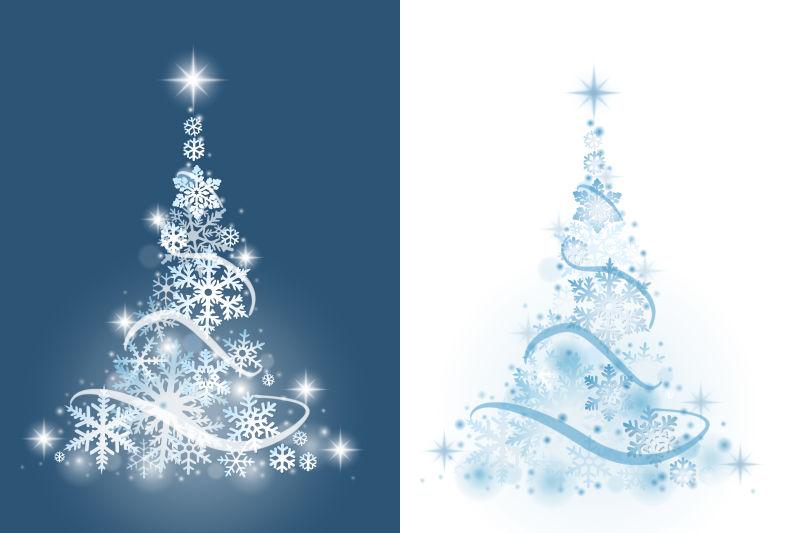 白色和蓝色背景下的雪花圣诞树