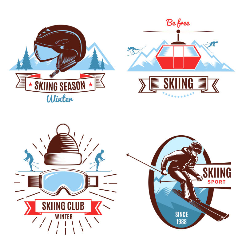 矢量滑雪运动标签设计图