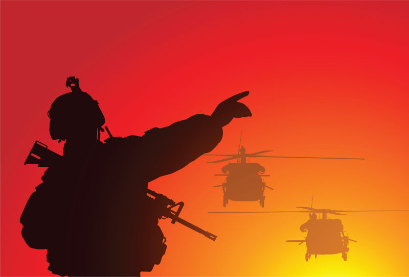 直升飞机和士兵剪影矢量