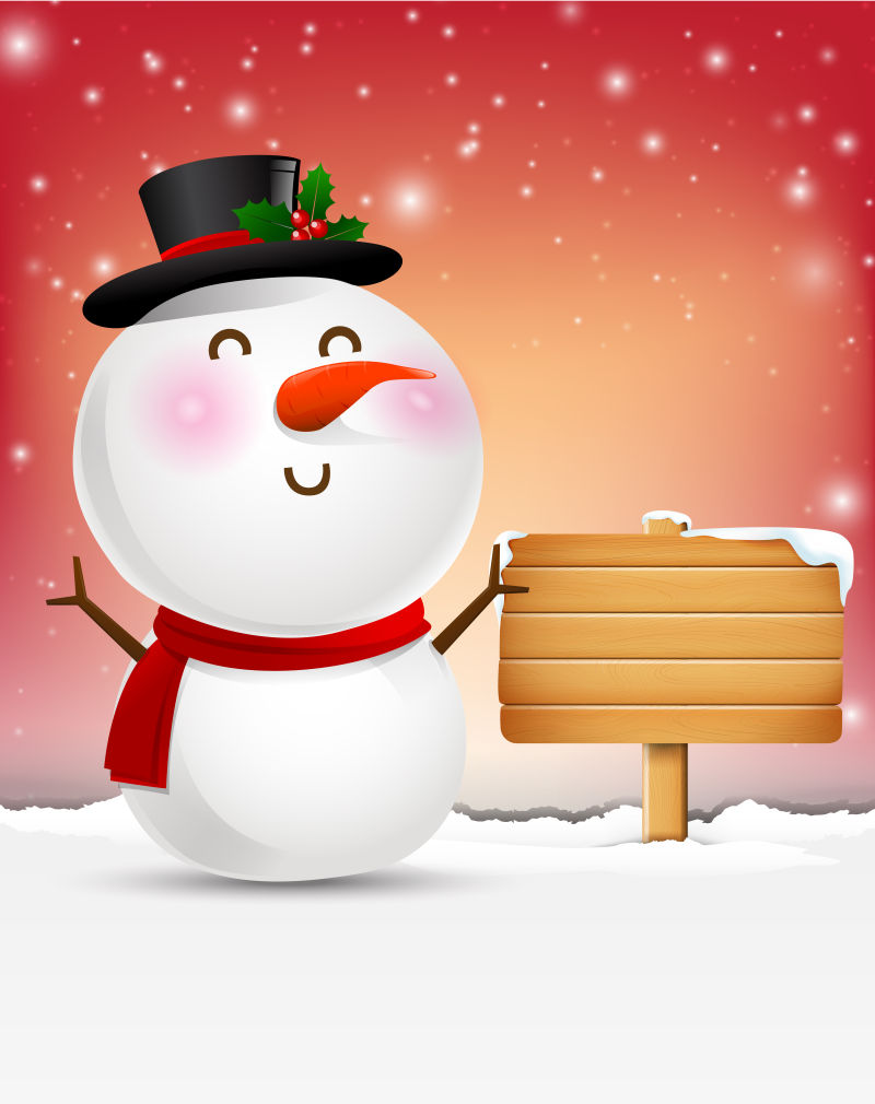 微笑的雪人和空白木制标志矢量插图