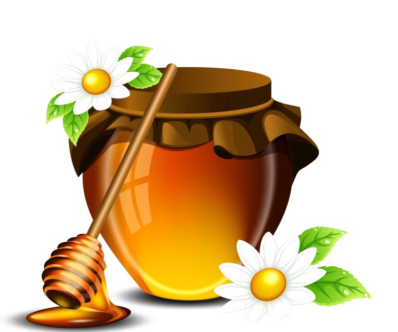 黄色的蜂蜜罐与花朵矢量