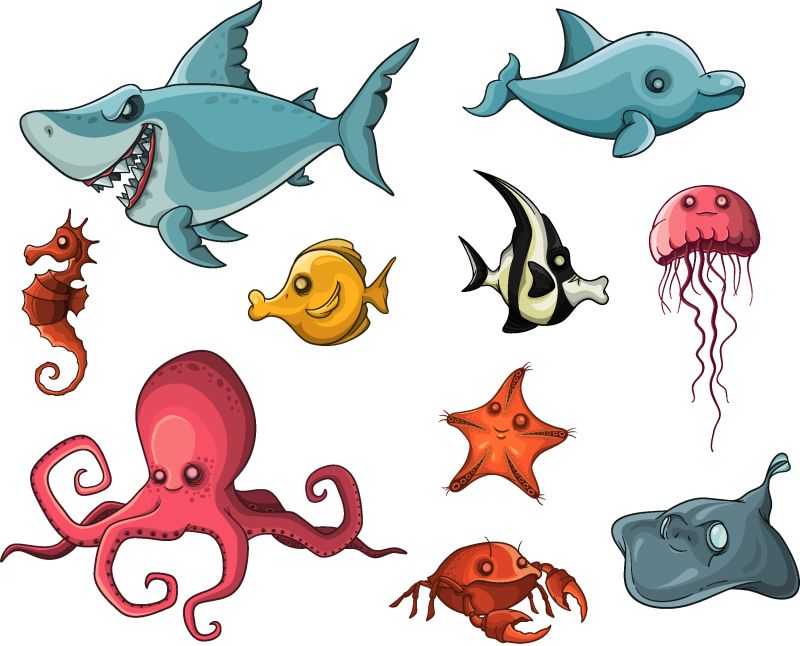 海底生物可爱的卡通矢量图