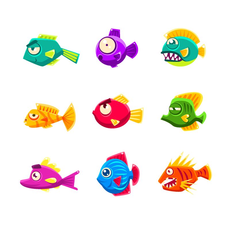 九种鱼类矢量卡通图