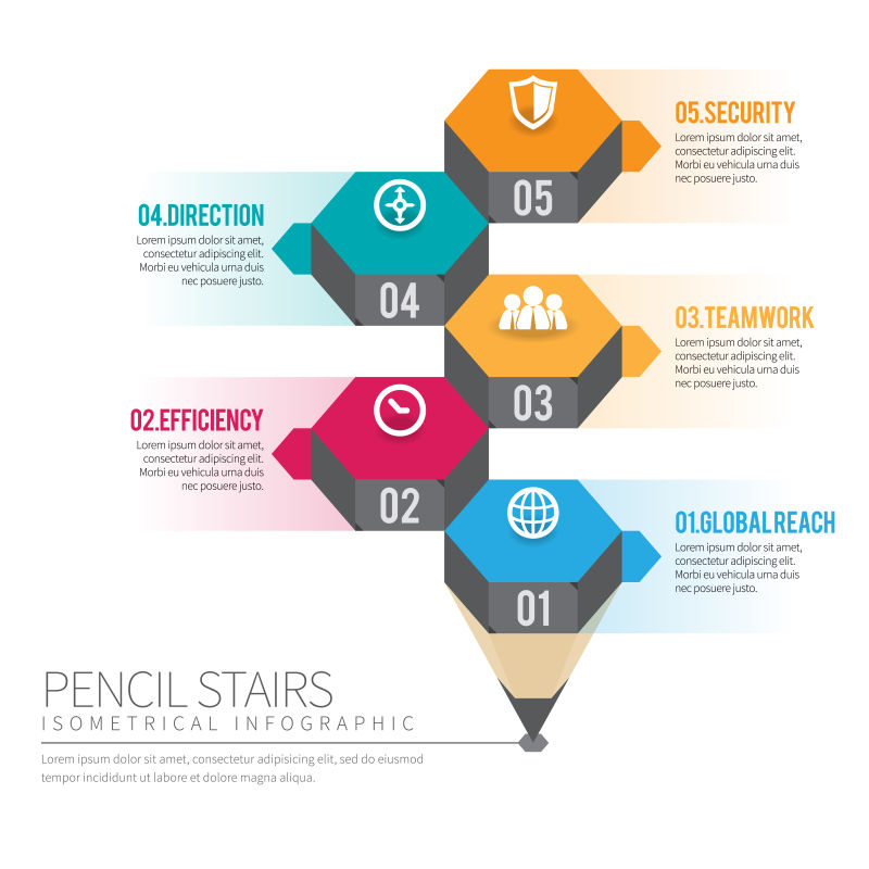 等距铅笔楼梯设计元素的信息图表矢量插图