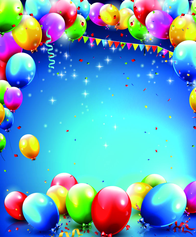 蓝色背景下气球和彩纸生日