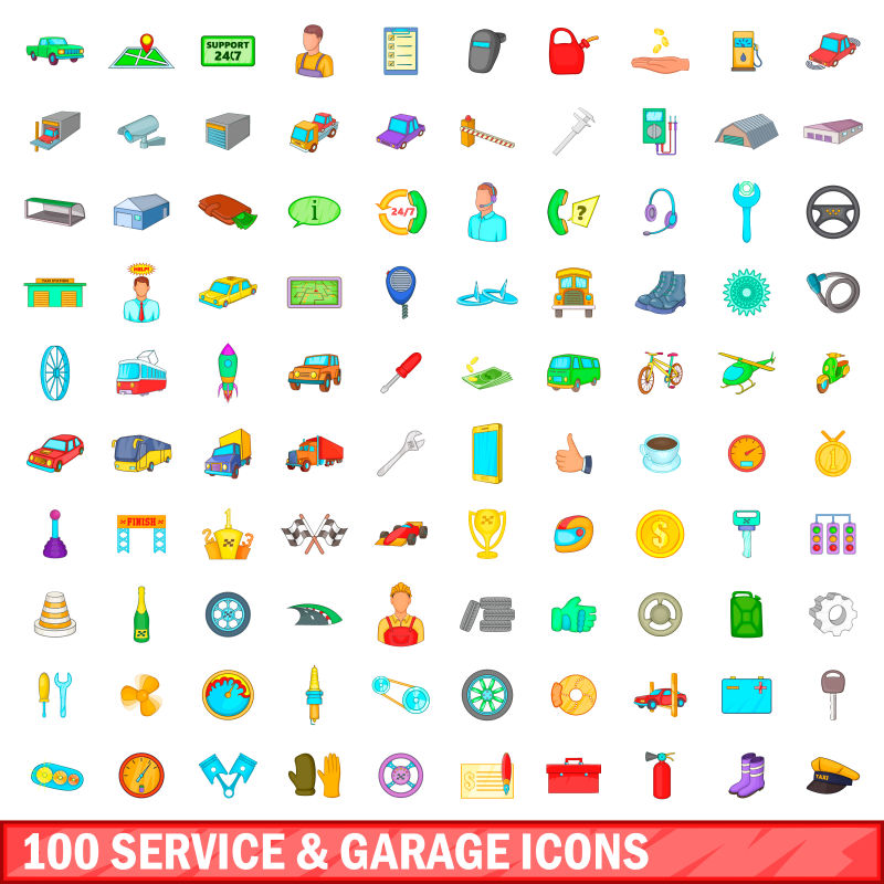 100个卡通轿车服务矢量图标