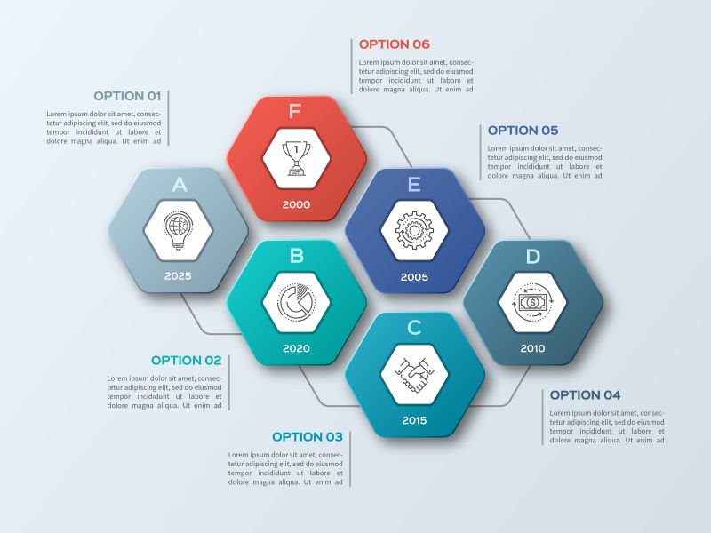 业务信息图表有6个步骤流程部件选项矢量