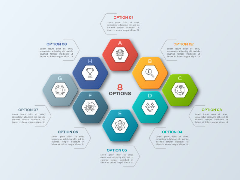业务信息图表有8个步骤流程部件选项矢量