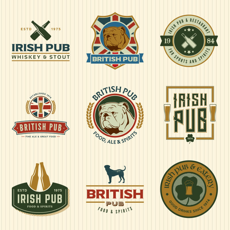 爱尔兰和英国酒吧徽章矢量图集