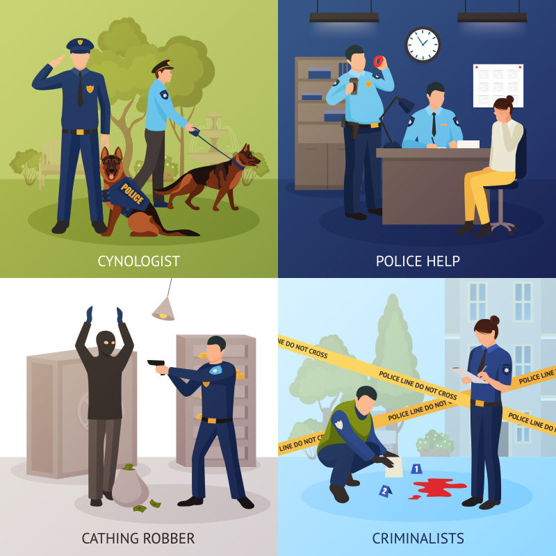 警察服务与银行劫匪和犯罪现场调查的矢量插图