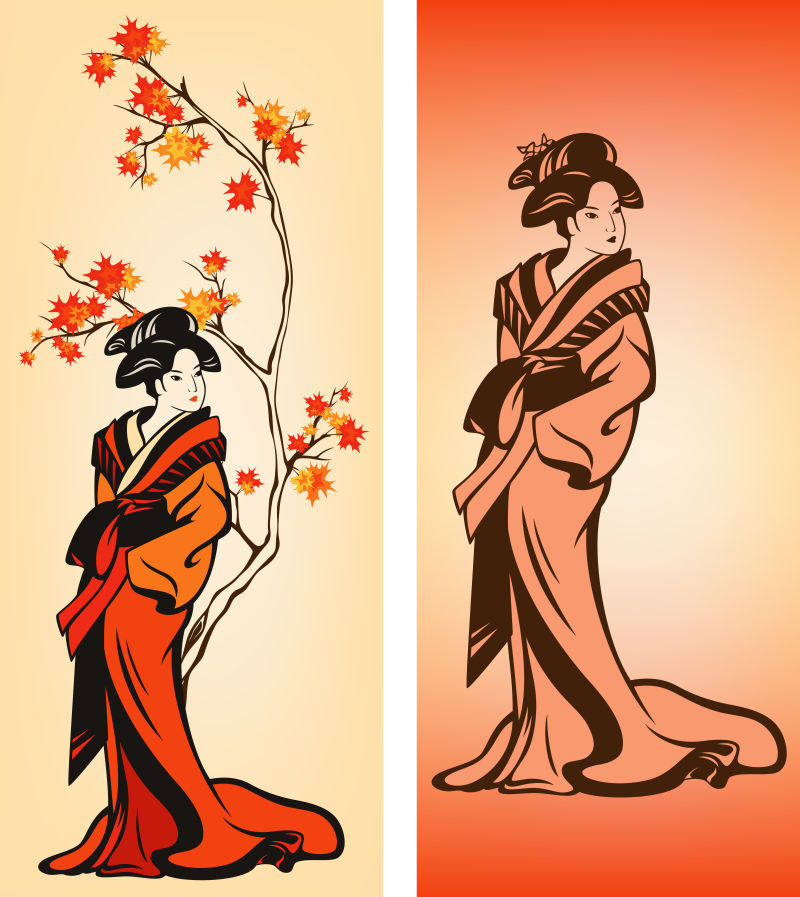 秋日里的日本艺妓矢量图