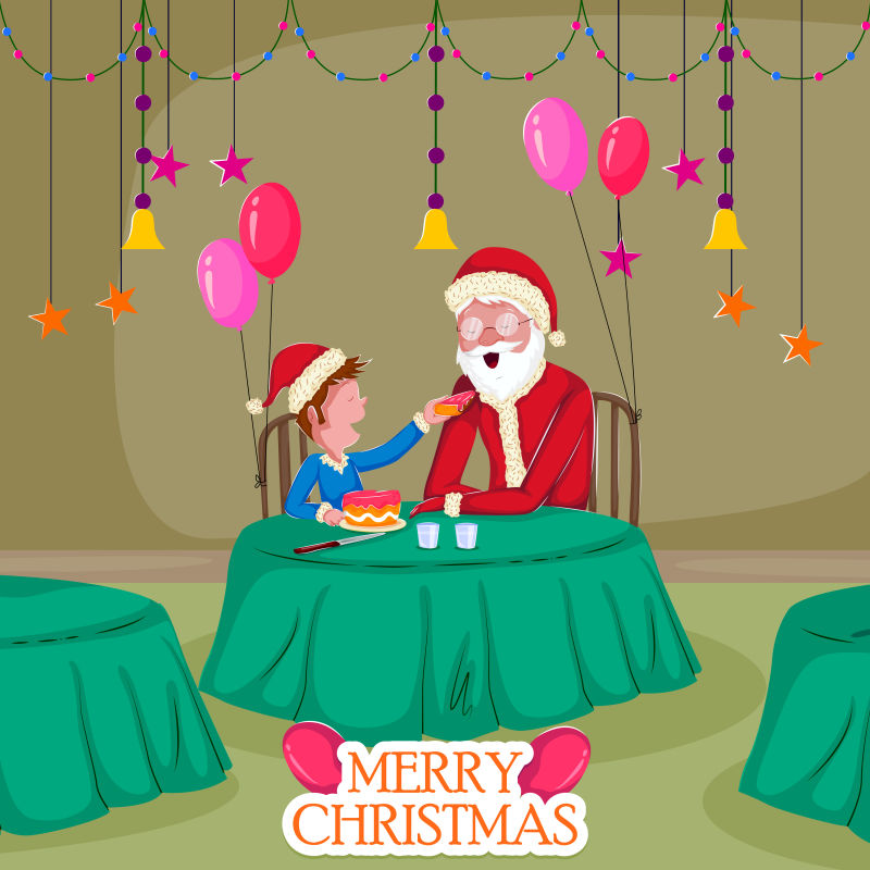 餐桌上的圣诞老人和孩子矢量插图