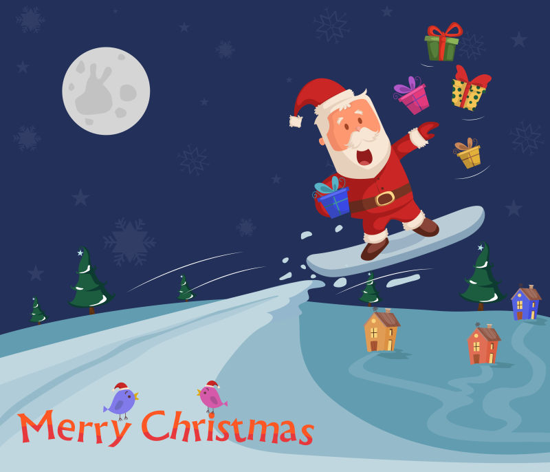 踩着滑雪板的卡通圣诞老人矢量插图