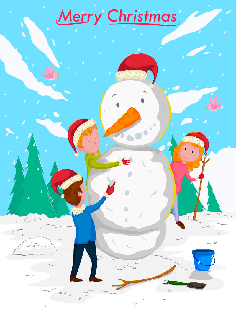 儿童和可爱的圣诞儿童场景矢量插图