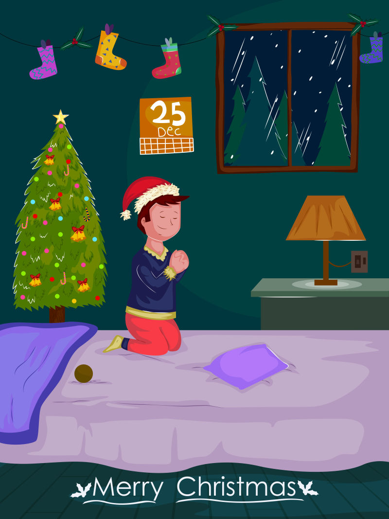 圣诞节夜晚在床上祈祷的孩子矢量插图