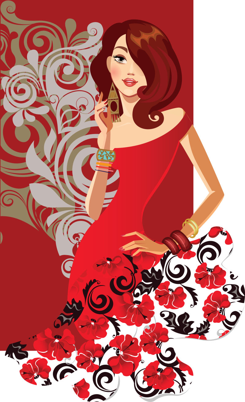 身穿红色连衣裙的性感美女矢量插图