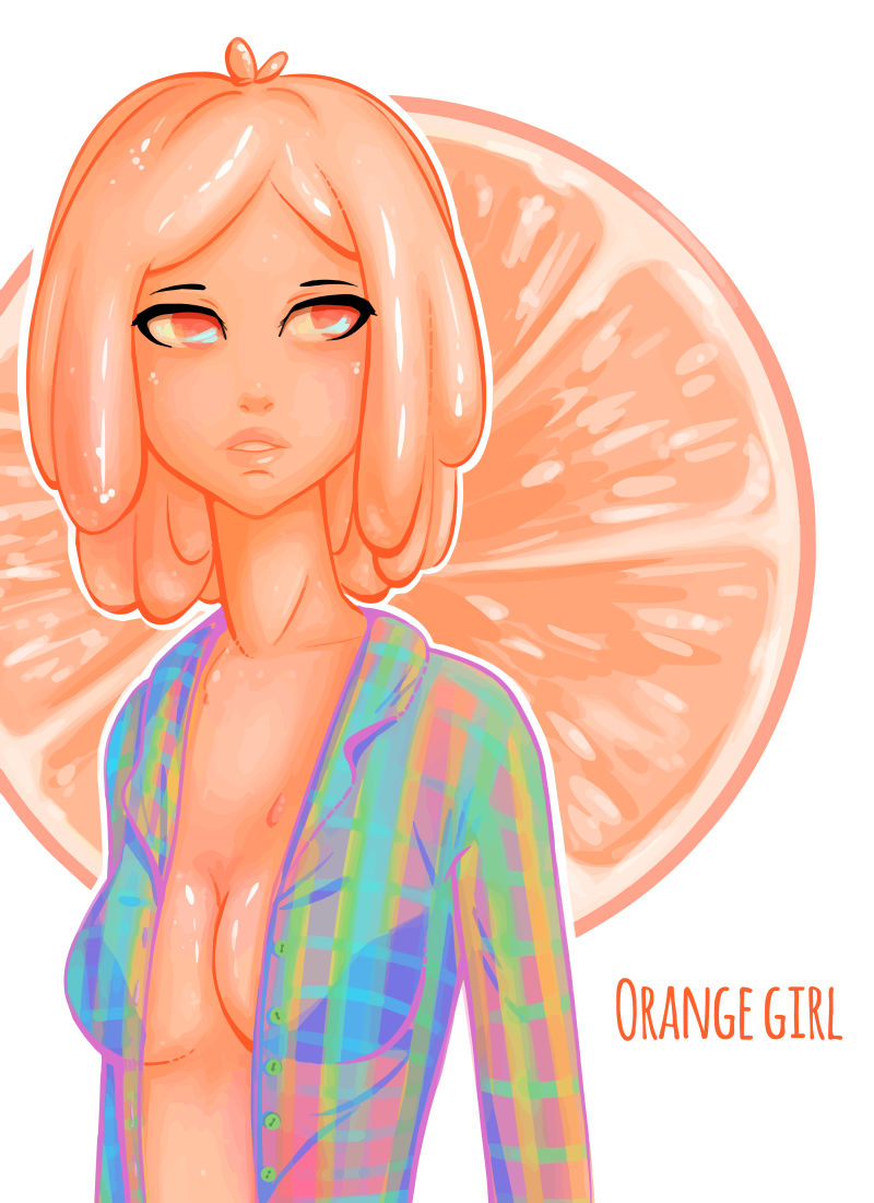 橙色柠檬果实的矢量卡通女孩