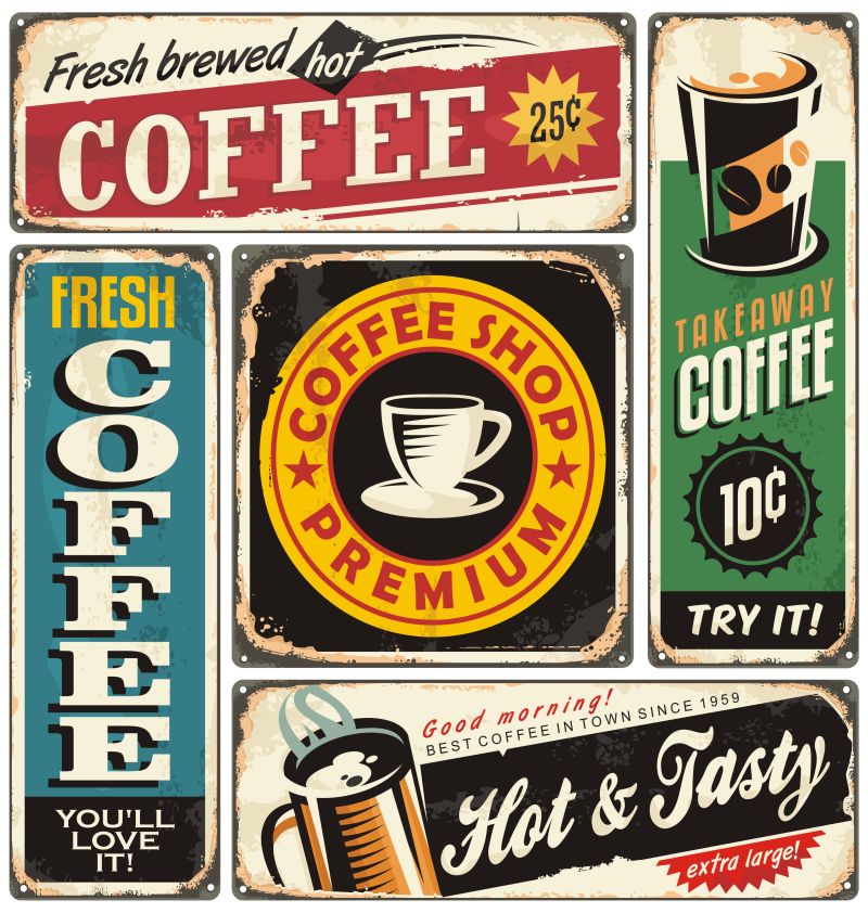 矢量咖啡复古金属标志海报