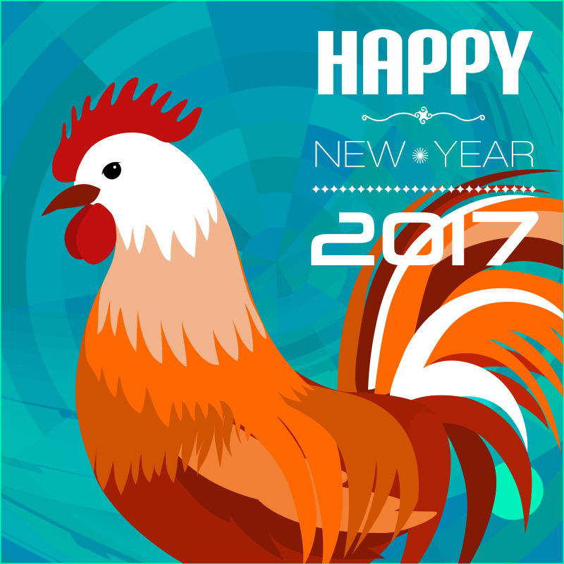 新年贺卡上的彩色公鸡矢量图
