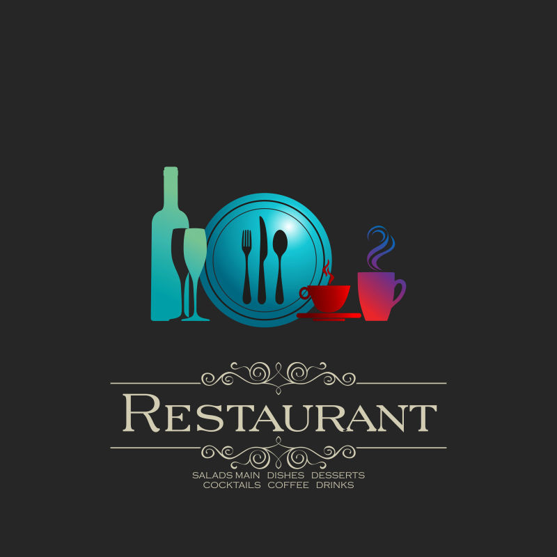 矢量抽象现代彩色餐具标志设计