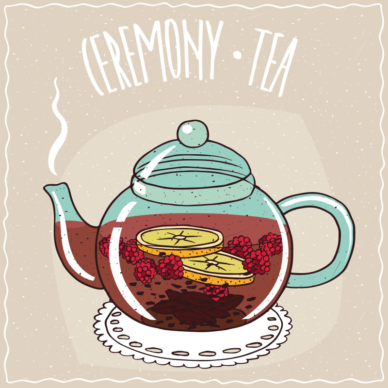 矢量茶壶中的覆盆子热茶