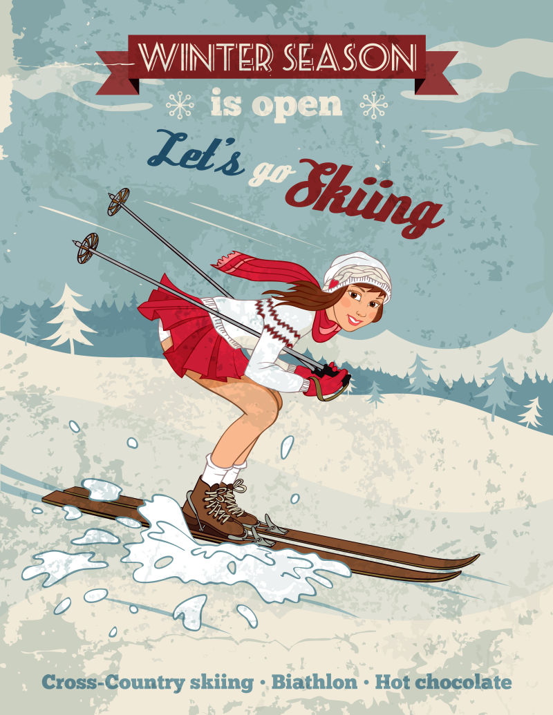 复古风格滑雪的女孩海报矢量图