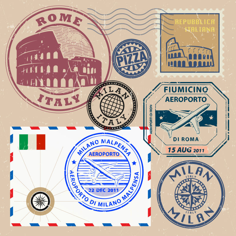 矢量意大利主题旅游邮票