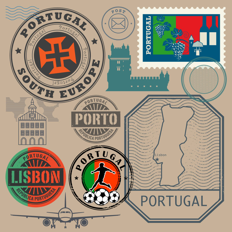 葡萄牙主题旅游邮票设计矢量