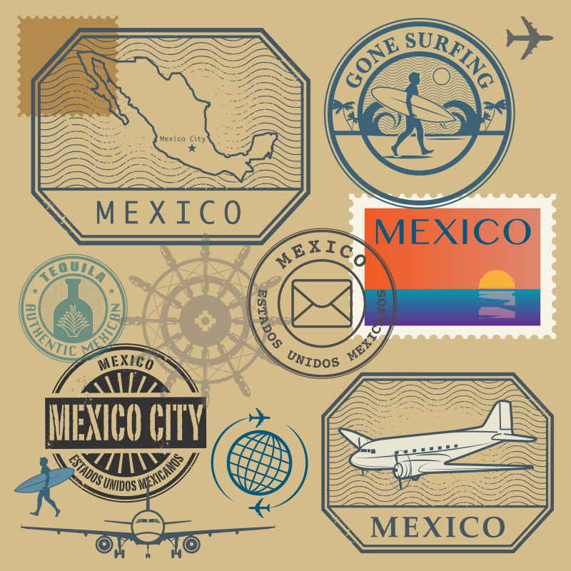 矢量墨西哥主题旅游邮票元素