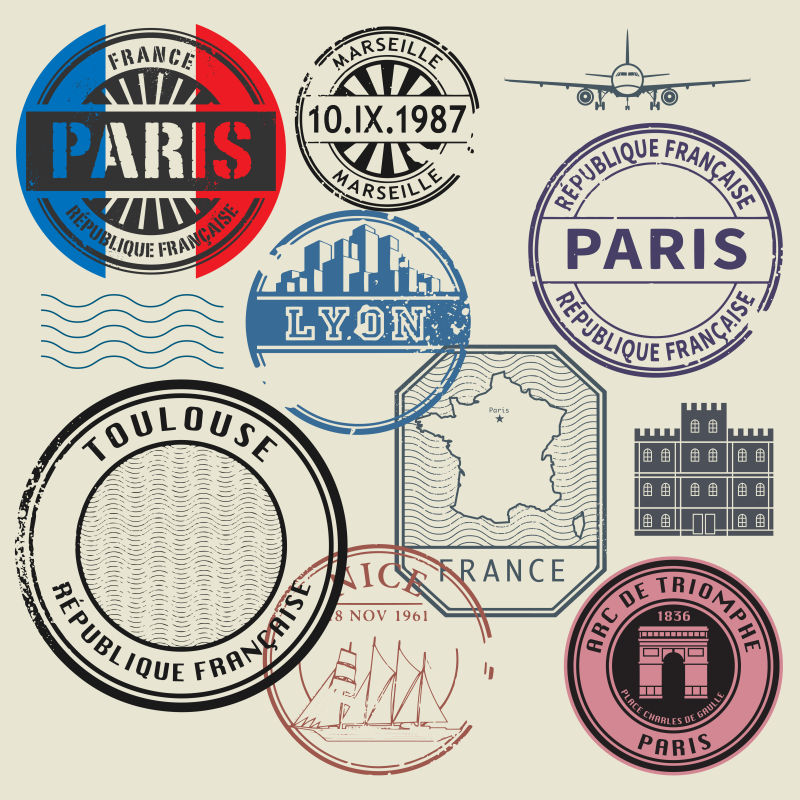 矢量法国主题旅游元素邮票设计