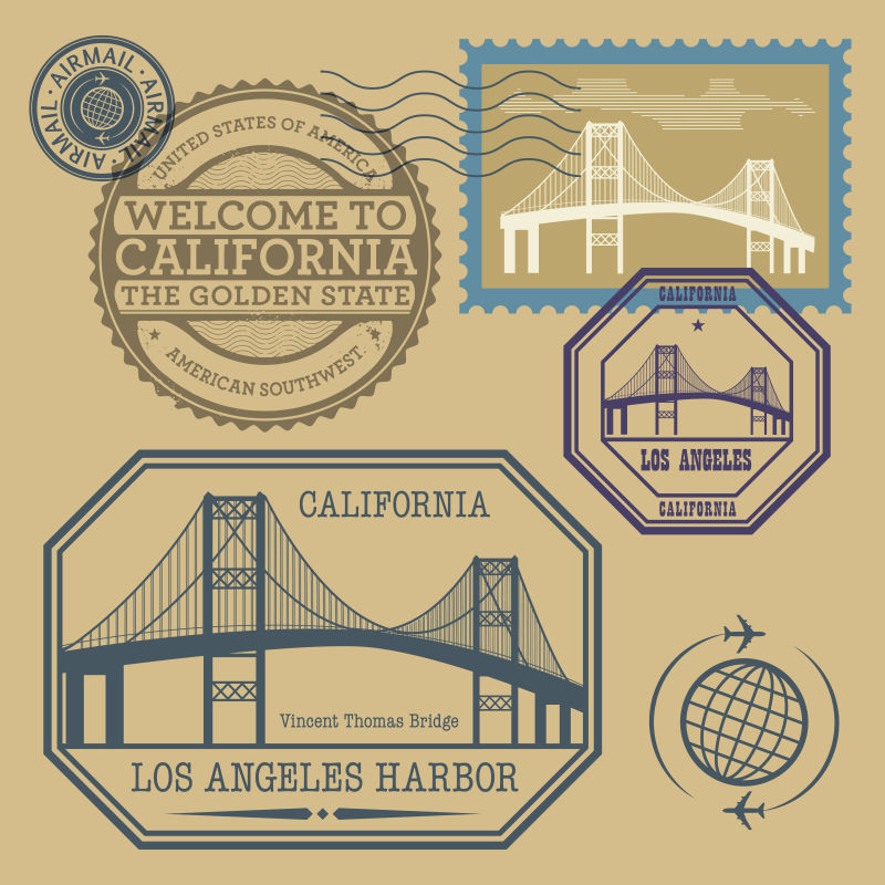 不同国家旅游元素邮票矢量设计
