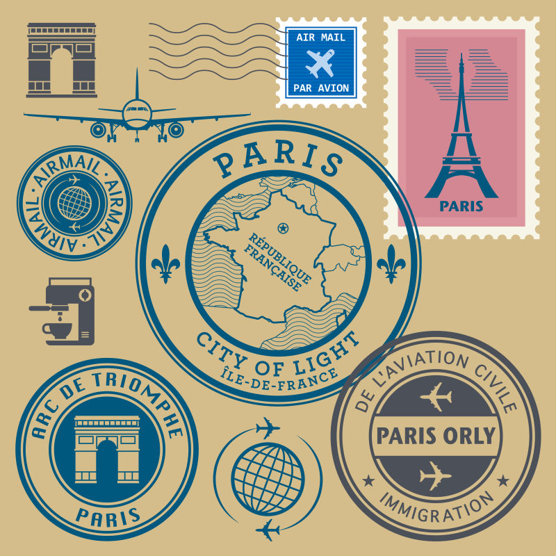 矢量巴黎主题旅游邮票