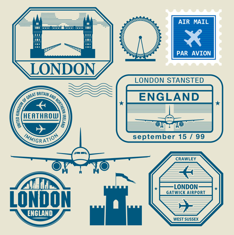 矢量伦敦主题旅游邮票
