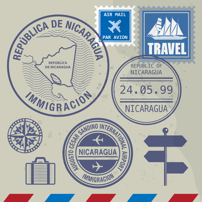 矢量不同国家旅游元素邮票