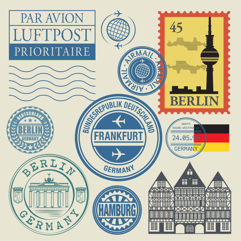 不同国家旅游邮票矢量元素