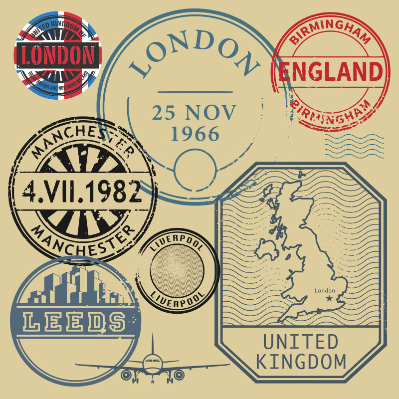 伦敦主题旅游邮票元素矢量