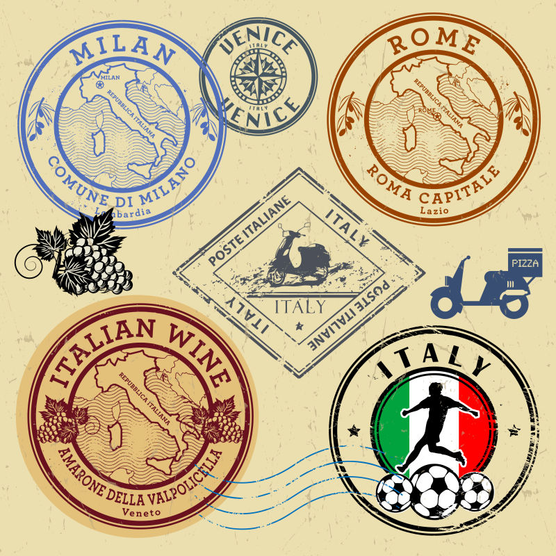 矢量意大利主题旅游元素设计邮票