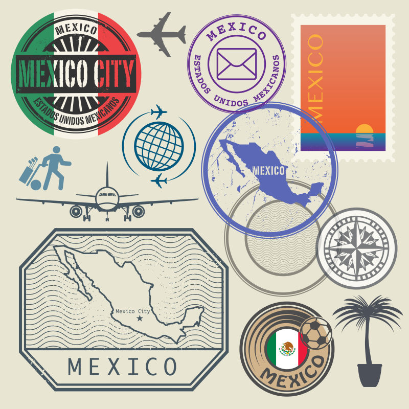 矢量墨西哥主题元素旅游邮票