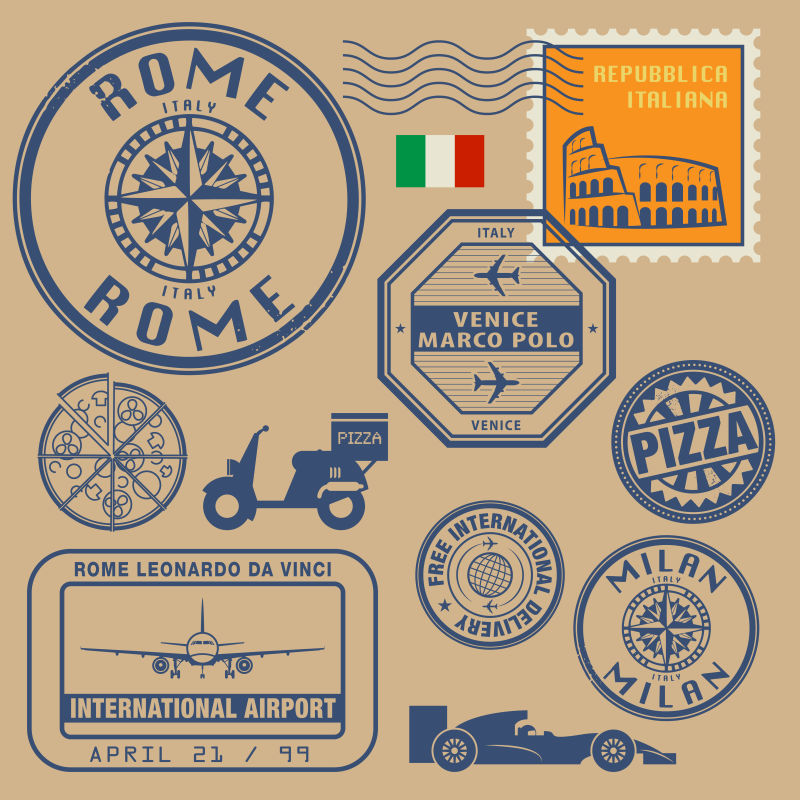 不同国家旅游元素邮票设计矢量