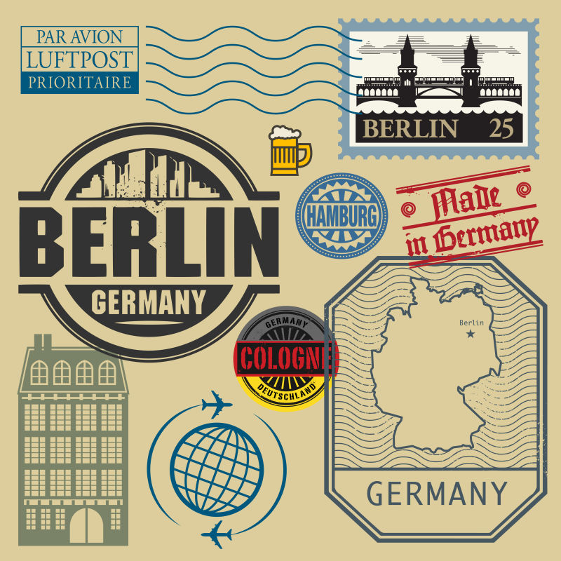 矢量德国柏林主题旅游邮票