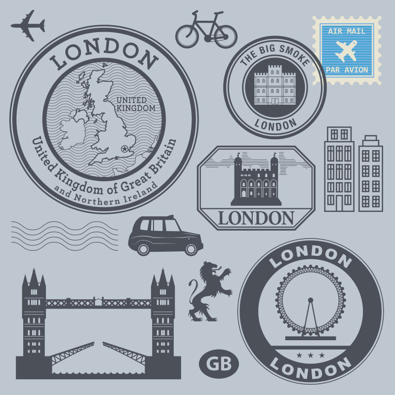 矢量伦敦主题旅行元素邮票设计