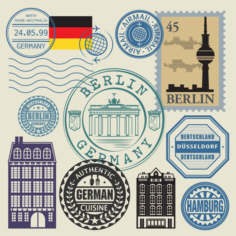 柏林主题旅游元素邮票矢量