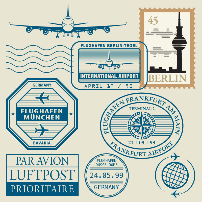 矢量不同国家旅游元素邮票设计