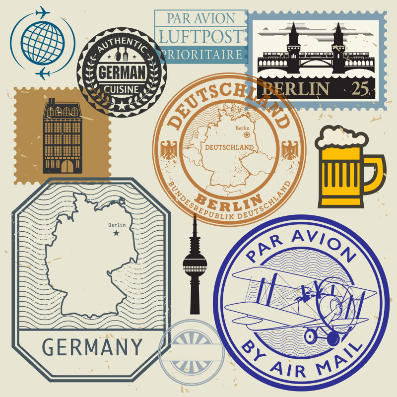 矢量德国主题旅游邮票