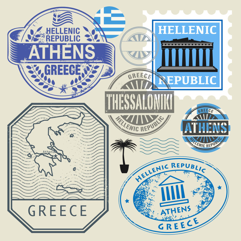 矢量希腊主题旅游邮票