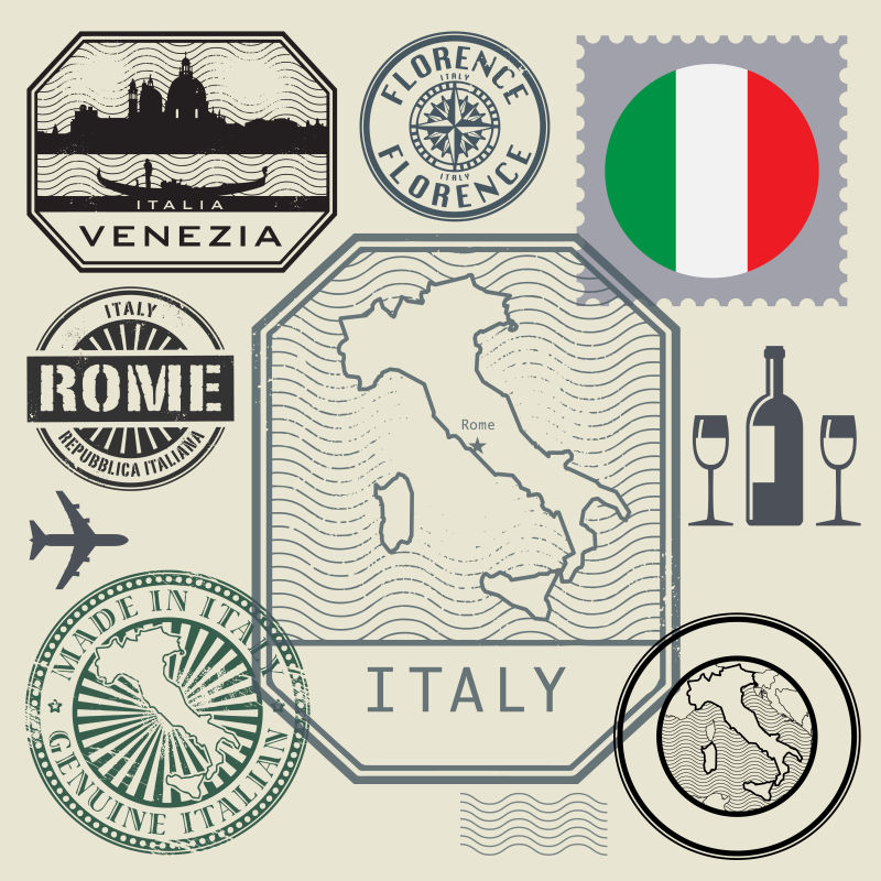矢量意大利主题旅游元素邮票