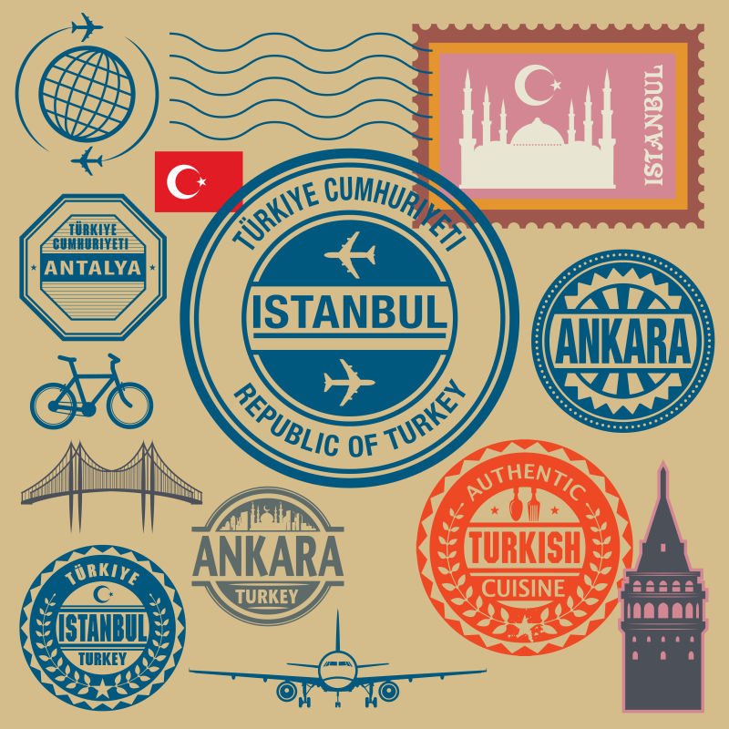 矢量不同国家旅游元素设计邮票