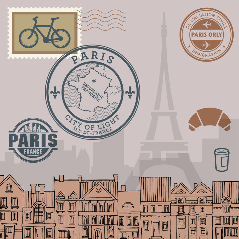 巴黎旅行元素邮票矢量设计